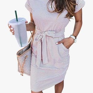Pink and white striped tee shirt dress with tie waist